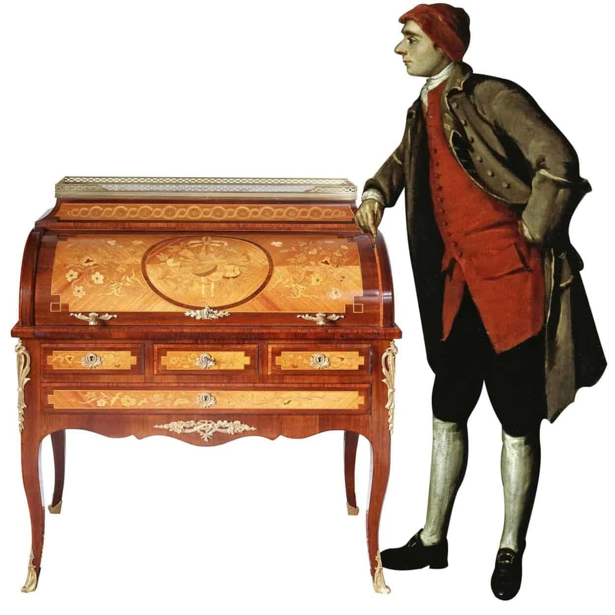 photo for sale A Louis XVI Style French Marquetry Roll Top Bureau De Damme
