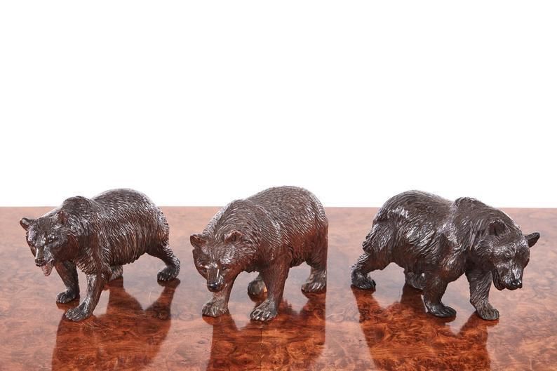 Quality Set Of 3 Antique Carved Black Forest Bears C.1860