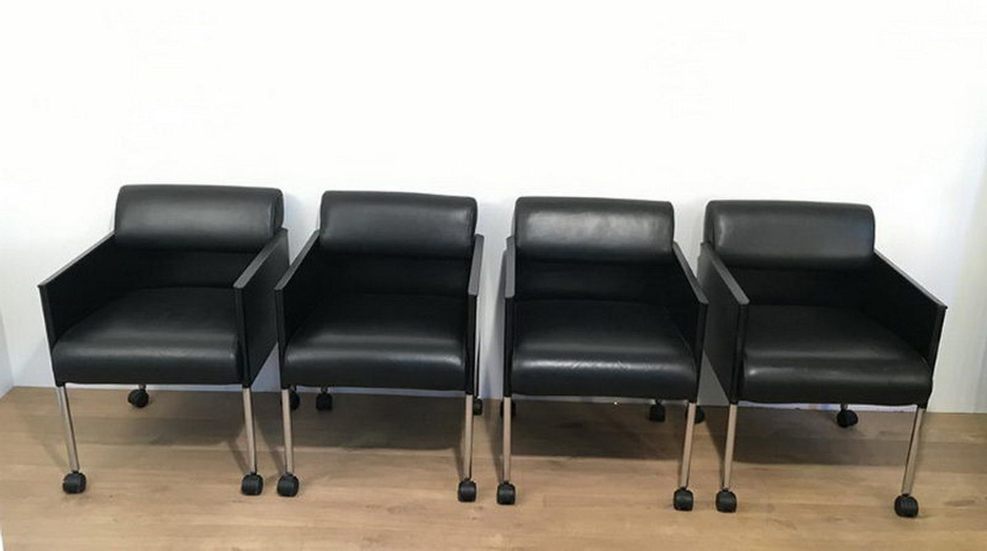Rosenthal. Set Of 4 Black Lacquered And Leather Armchairs On Casters. Circa 1970 photo furniture