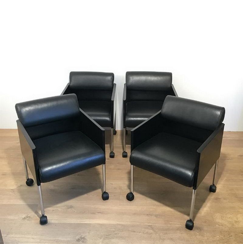 Rosenthal. Set Of 4 Black Lacquered And Leather Armchairs On Casters. Circa 1970 photo for sale