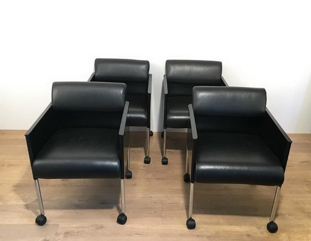 Rosenthal. Set Of 4 Black Lacquered And Leather Armchairs On Casters. Circa 1970 photo Furniture