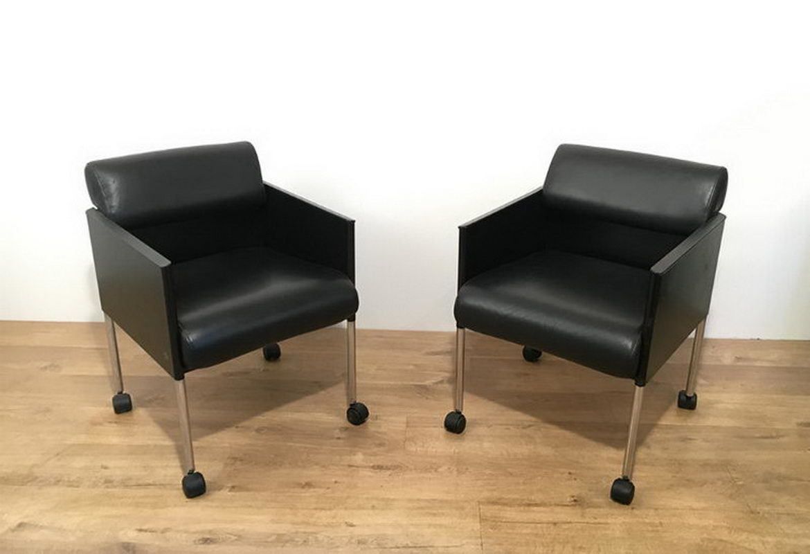 Rosenthal. Set Of 4 Black Lacquered And Leather Armchairs On Casters. Circa 1970 photo 1620.0