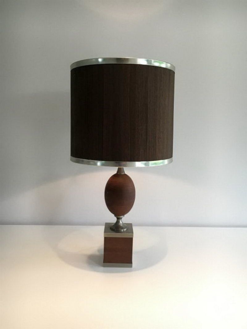 Wood And Brushed Steel Egg Lamp With Wooden Shade. Circa 1970