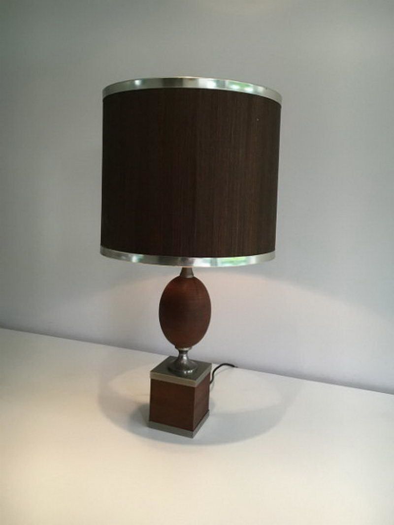 Wood And Brushed Steel Egg Lamp With Wooden Shade. Circa 1970 photo furniture