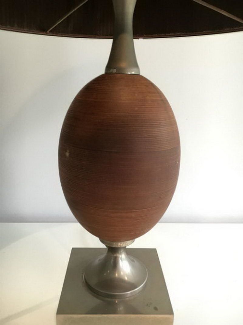 Wood And Brushed Steel Egg Lamp With Wooden Shade. Circa 1970 photo vinterior