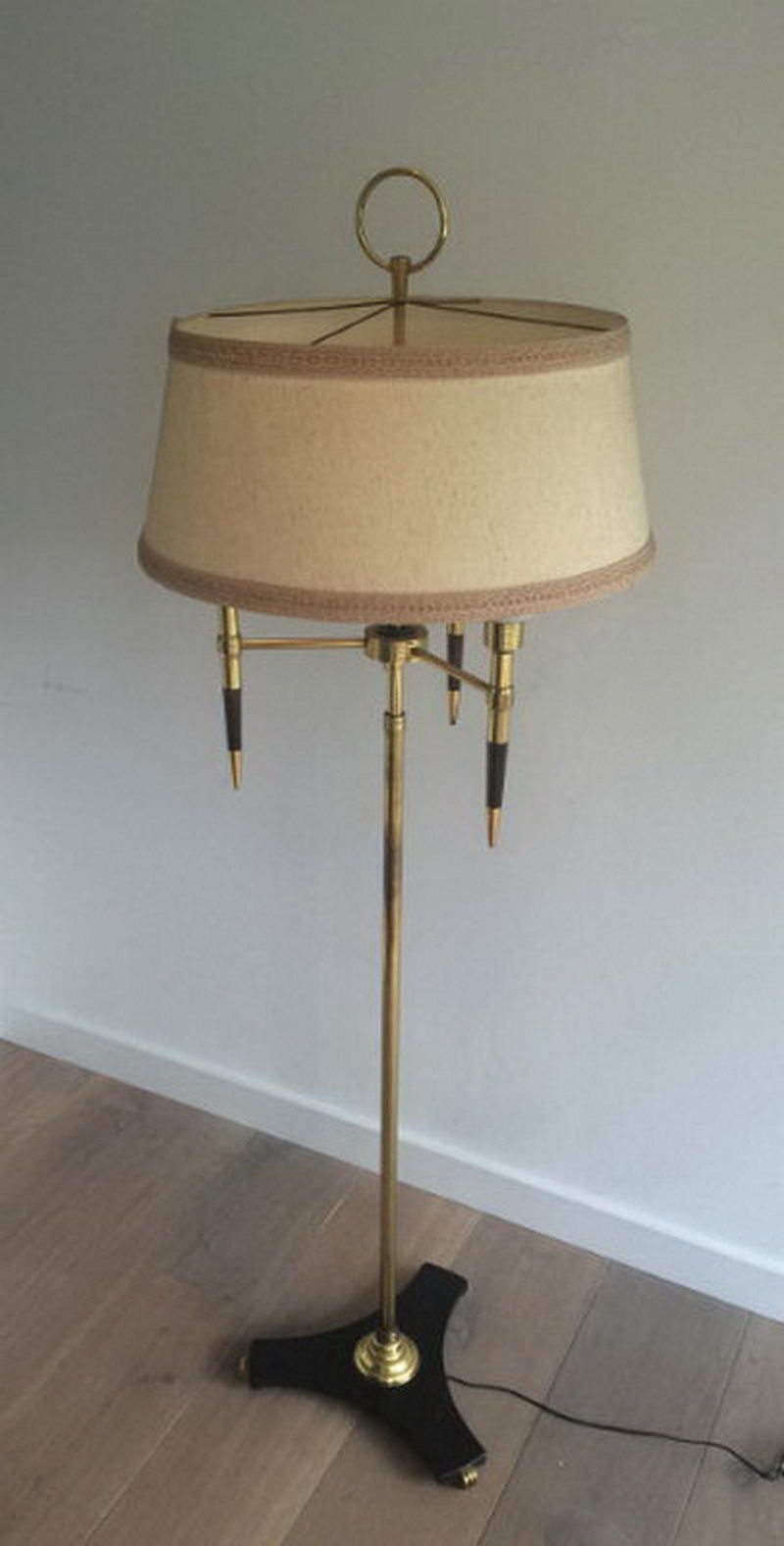 Unusual Brass And Wood Floor Lamp With White Opaline Globes. Circa 1970