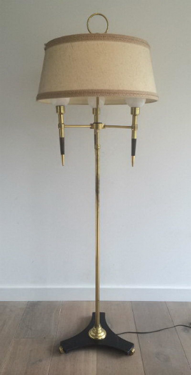 Unusual Brass And Wood Floor Lamp With White Opaline Globes. Circa 1970 photo furniture