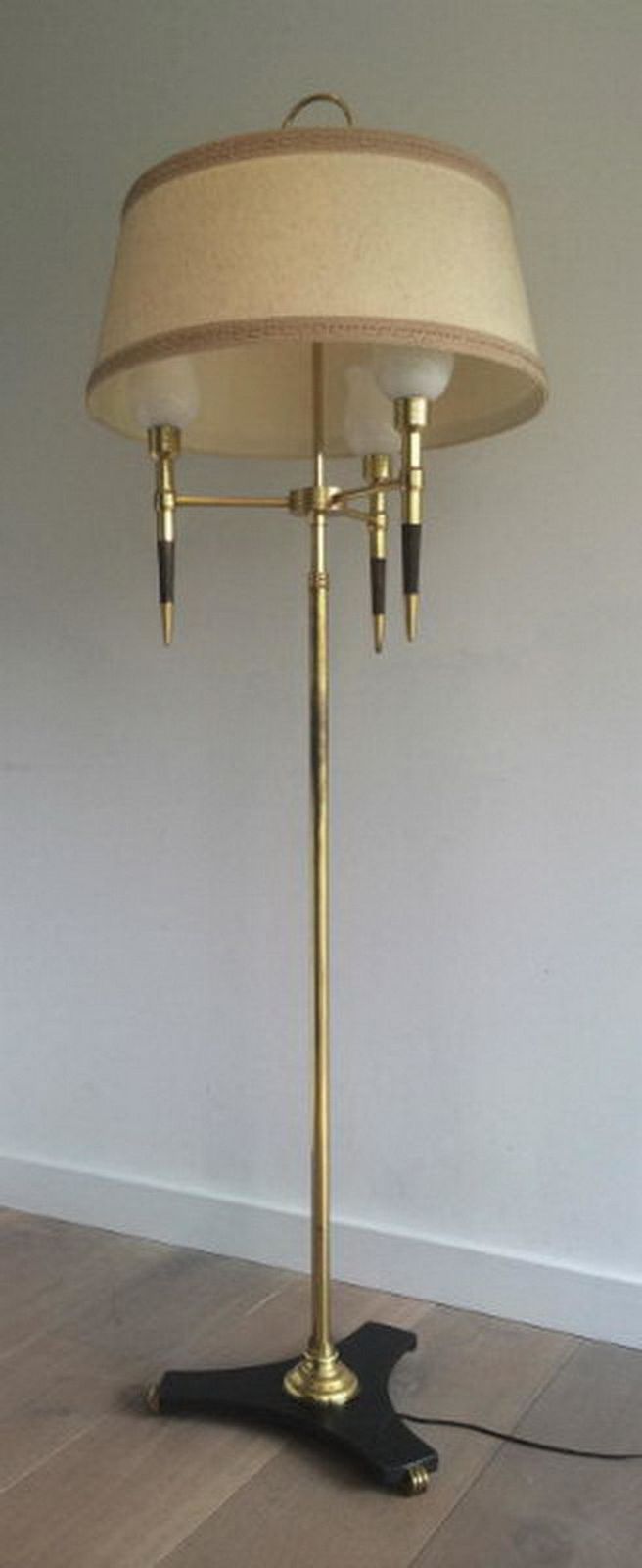 Unusual Brass And Wood Floor Lamp With White Opaline Globes. Circa 1970 photo for sale