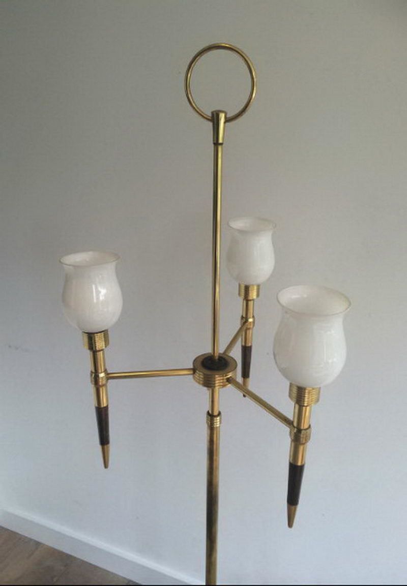 Unusual Brass And Wood Floor Lamp With White Opaline Globes. Circa 1970 photo buy