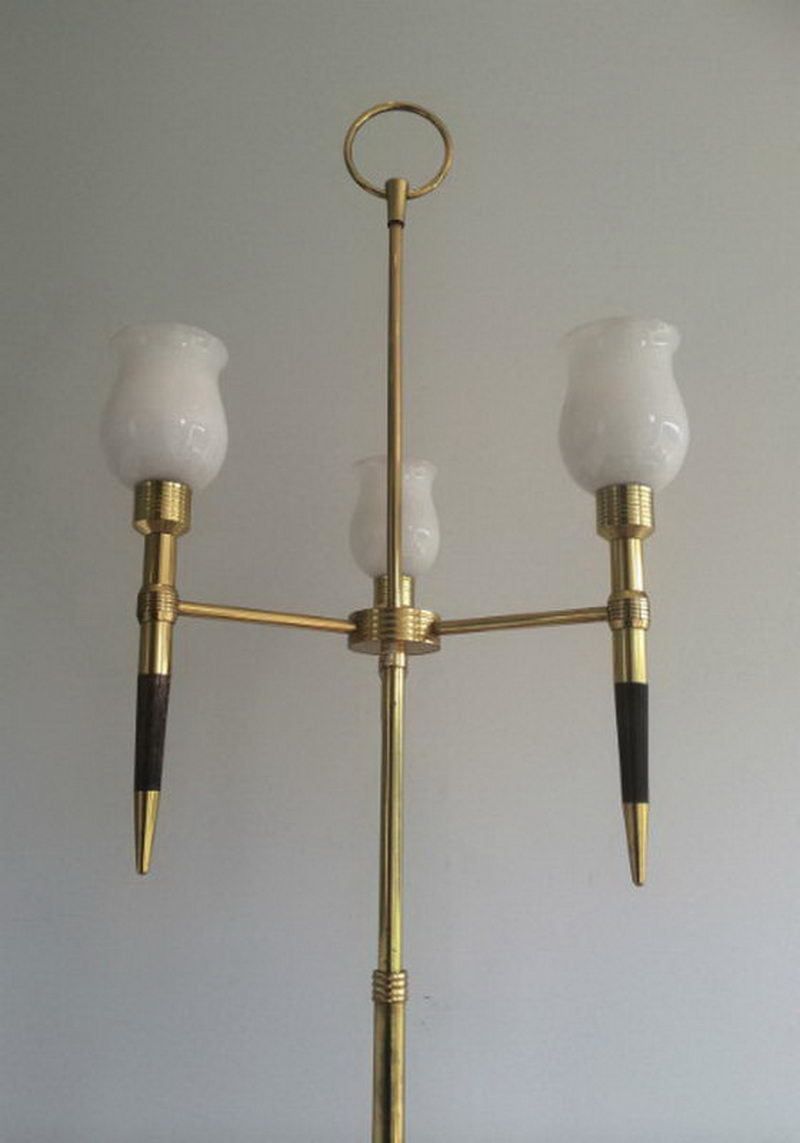 Unusual Brass And Wood Floor Lamp With White Opaline Globes. Circa 1970 photo vintage