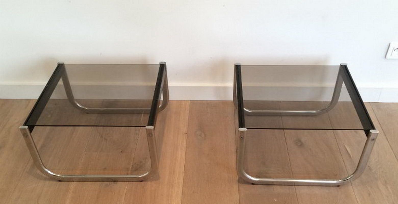 Pair Of Chrome, Black Wood And Glass Side Tables. Circa 1970 photo furniture
