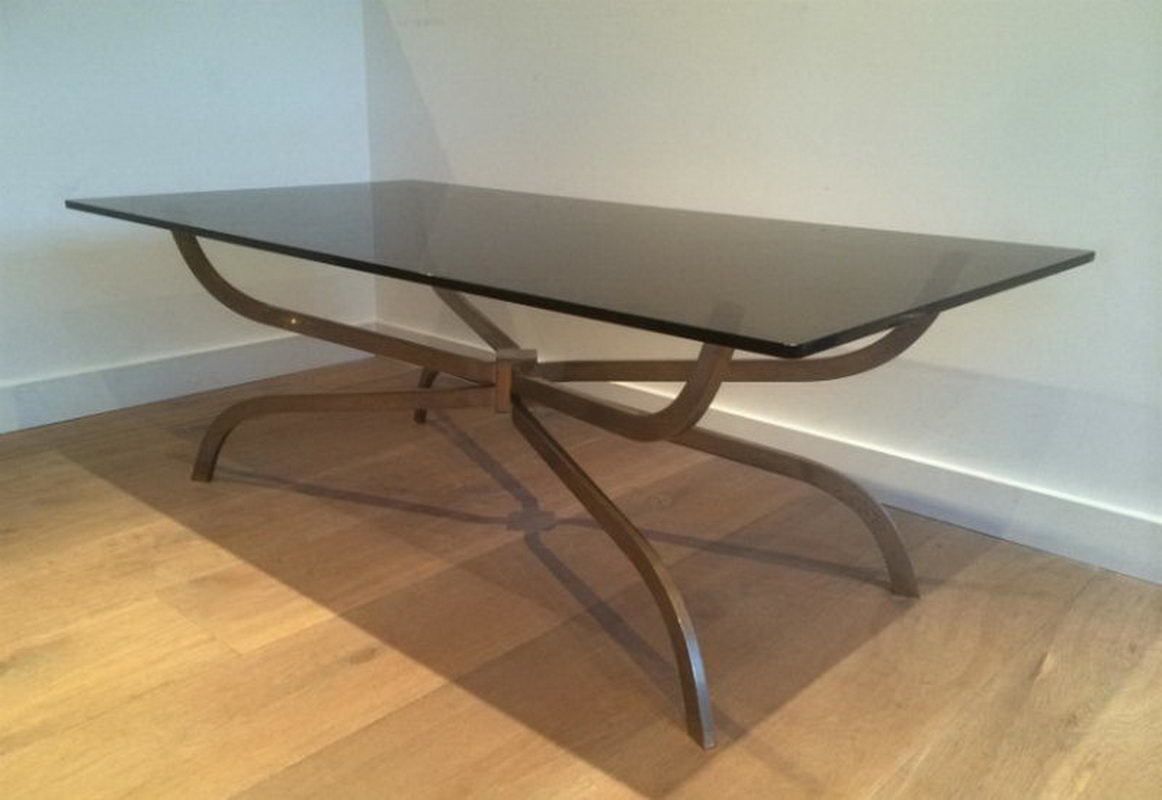 Maison Charles. Interesting Brushed Steel Coffee Table With Smoked Glass Top. Top Quality. Circa 1960 photo furniture