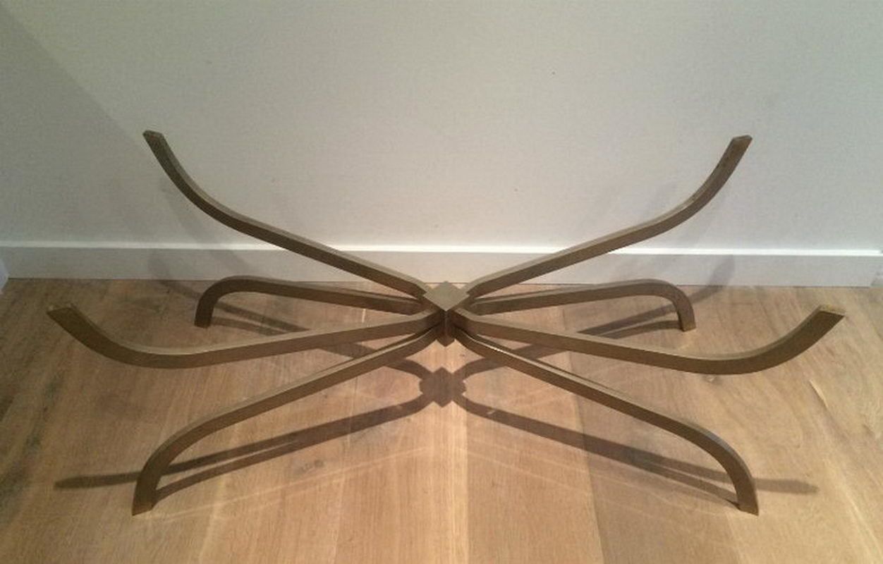 Maison Charles. Interesting Brushed Steel Coffee Table With Smoked Glass Top. Top Quality. Circa 1960 photo vinterior