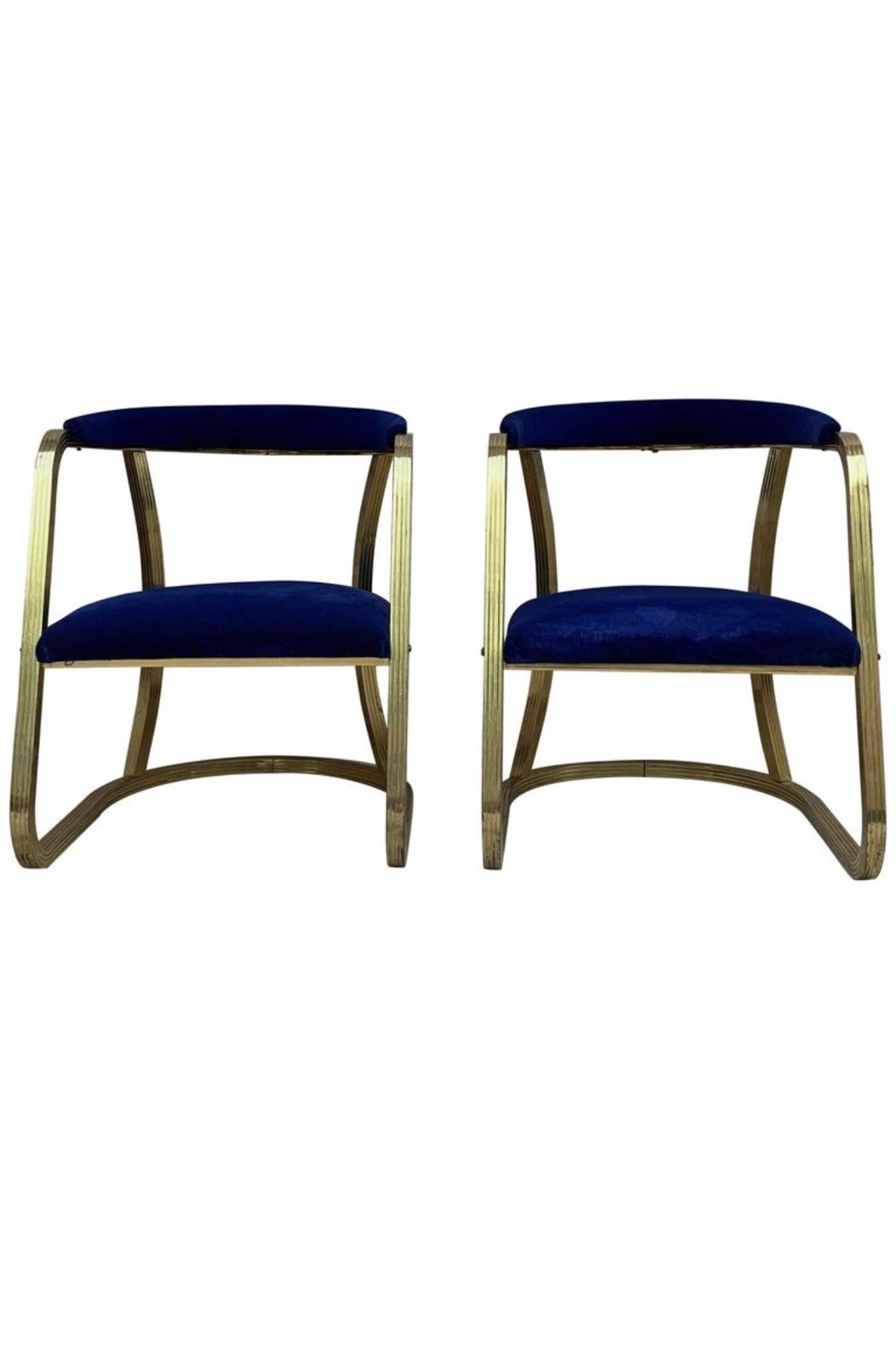 French Pair Of Midcentury Gold Brass Chairs With Blue Velvet Upholstery