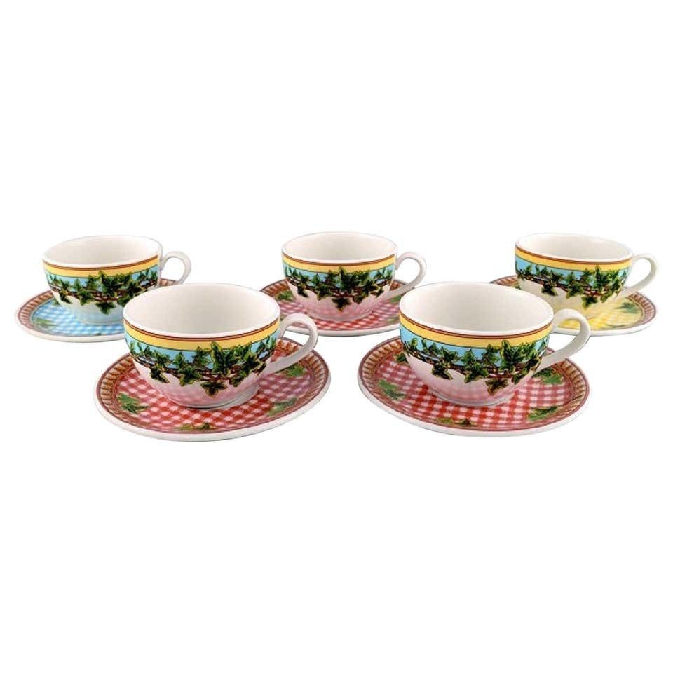 Gianni Versace For Rosenthal, Five Large "Ivy Leaves" Teacups With Saucers