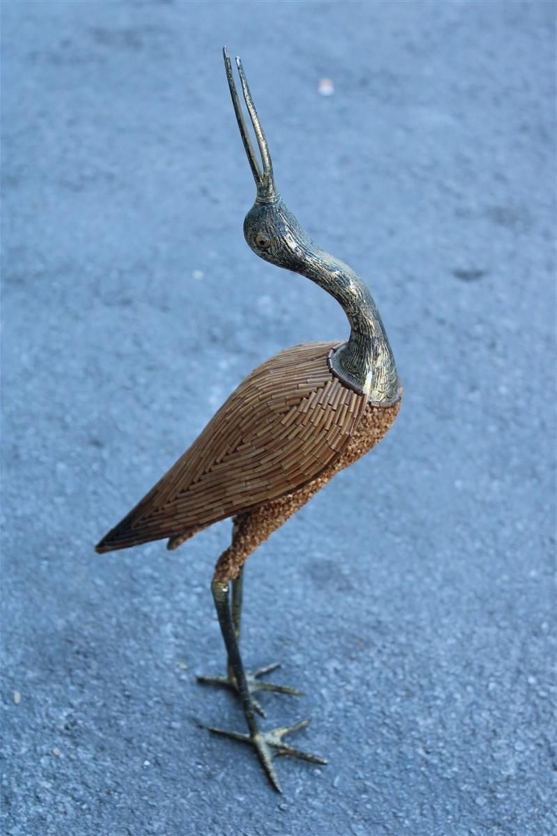 Heron 1970s Italian Design Golden Metal And Bamboo Cane Fabrics photo for sale