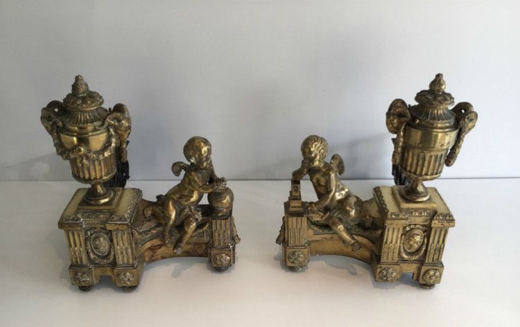 Beautiful Chiseled Bronze Andirons Representing A Cherub With The Earth And Another Cherub Working With An Anvil. Circa 1850 photo 3800.0