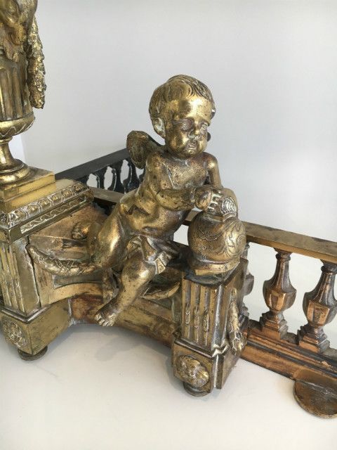 Beautiful Chiseled Bronze Andirons Representing A Cherub With The Earth And Another Cherub Working With An Anvil. Circa 1850 photo buy