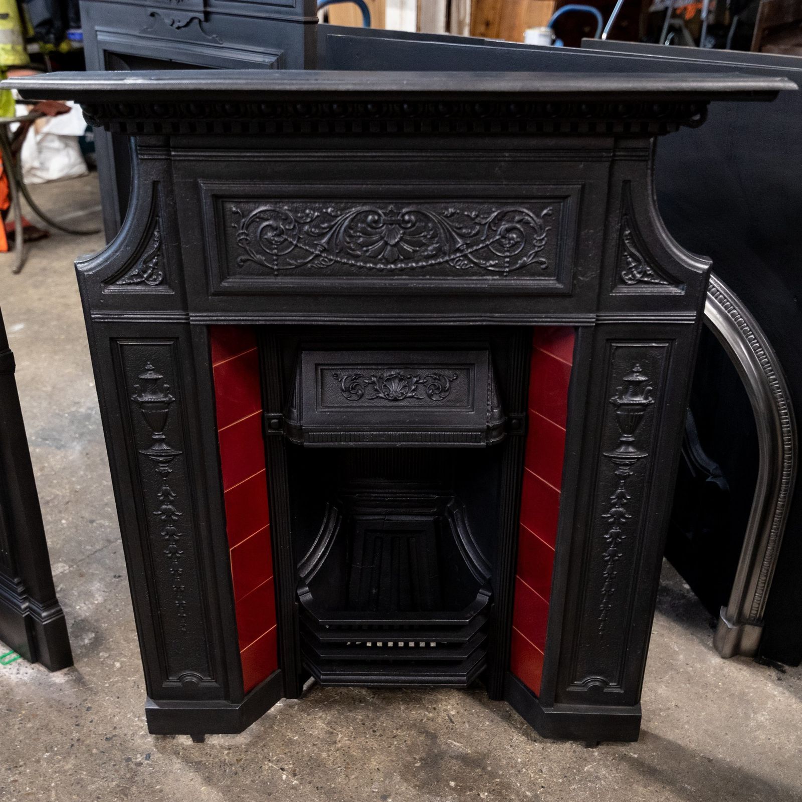 photo furniture Antique Edwardian Cast Iron Combination Fireplace With Red Tiles