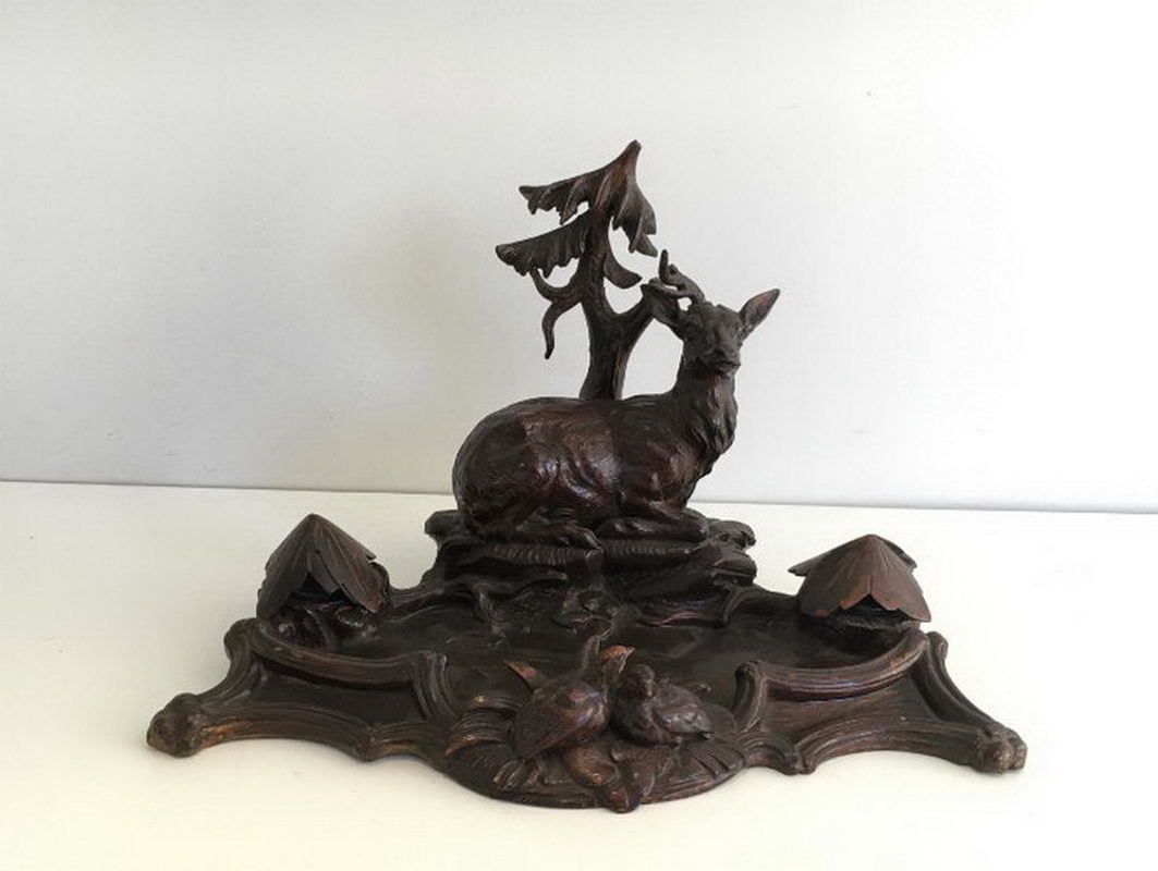 Black Forest Carved Wood Inkwell. Deer And Birds In The Forest. 19th Century photo furniture