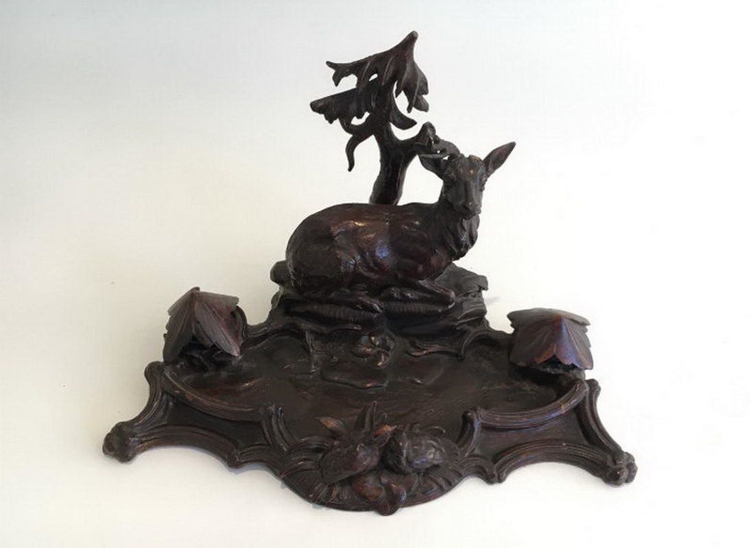 Black Forest Carved Wood Inkwell. Deer And Birds In The Forest. 19th Century photo for sale