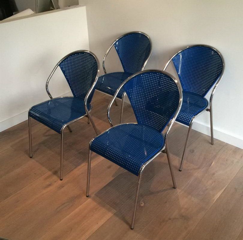 Set Of 4 Chrome And Blue Lacquered Perfored Metal Chairs. . Circa 1980