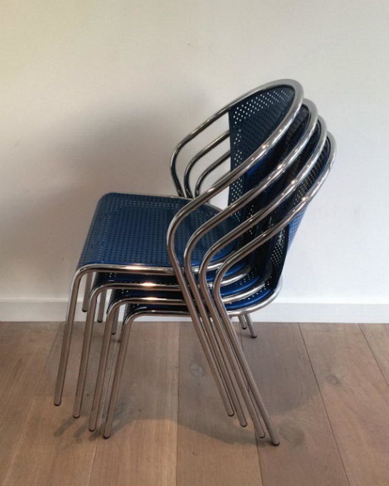 Set Of 4 Chrome And Blue Lacquered Perfored Metal Chairs. . Circa 1980 photo vinterior