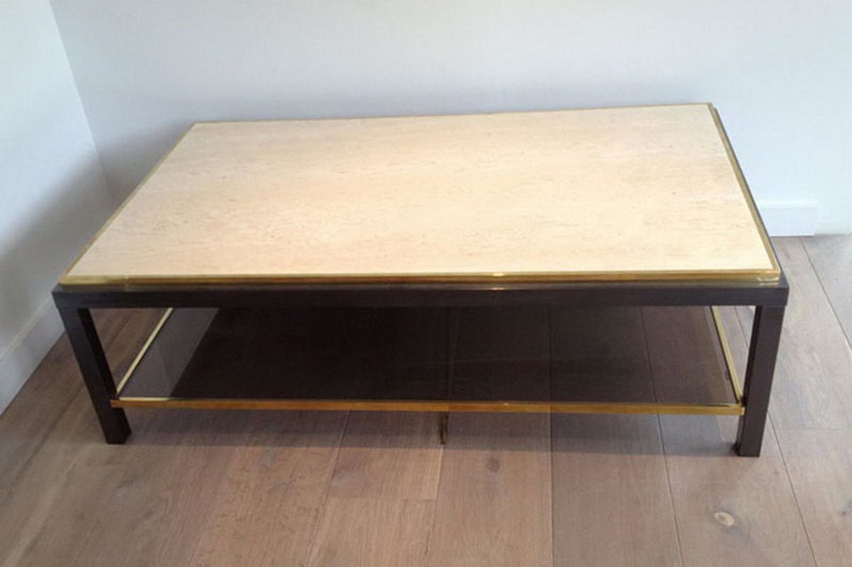 Beautiful Large Gun Metal Coffee Table With Travertine Top. French. Circa 1970 photo furniture