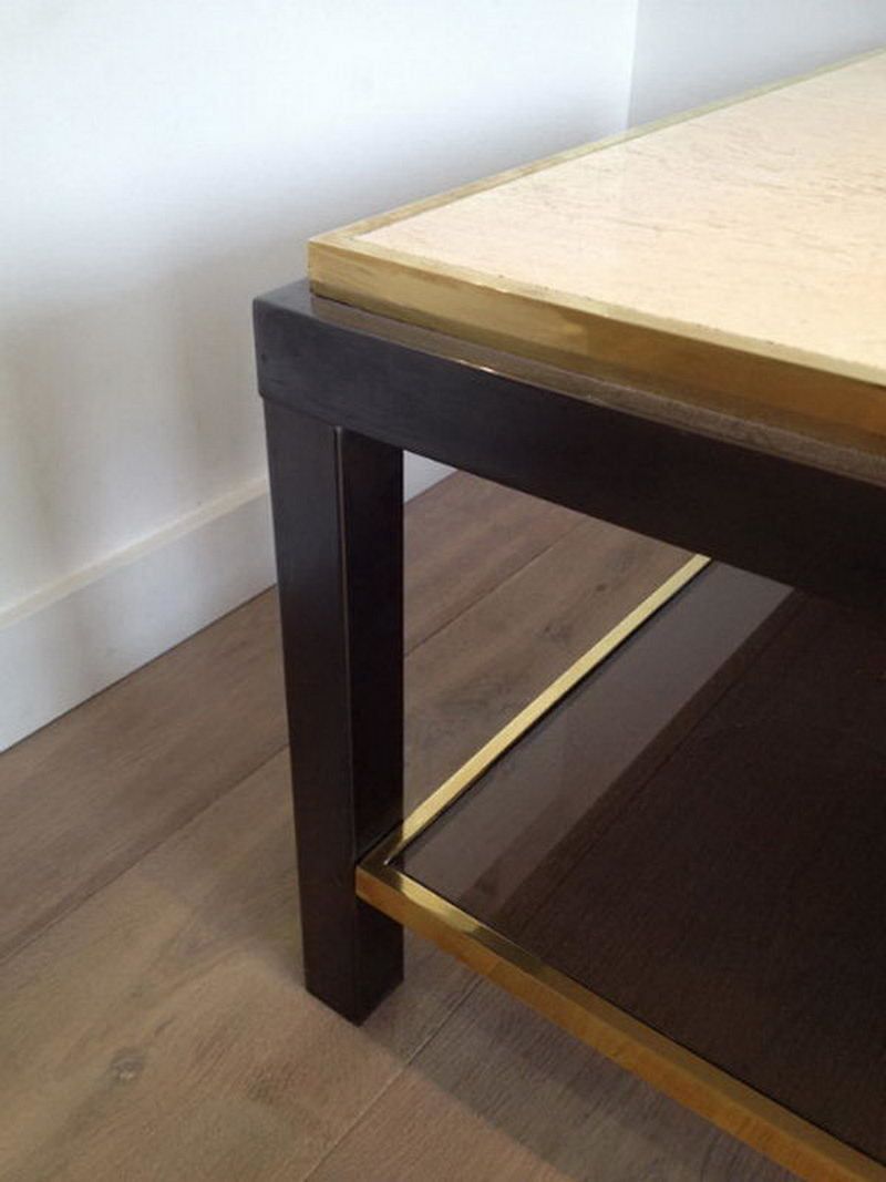 Beautiful Large Gun Metal Coffee Table With Travertine Top. French. Circa 1970 photo vinterior