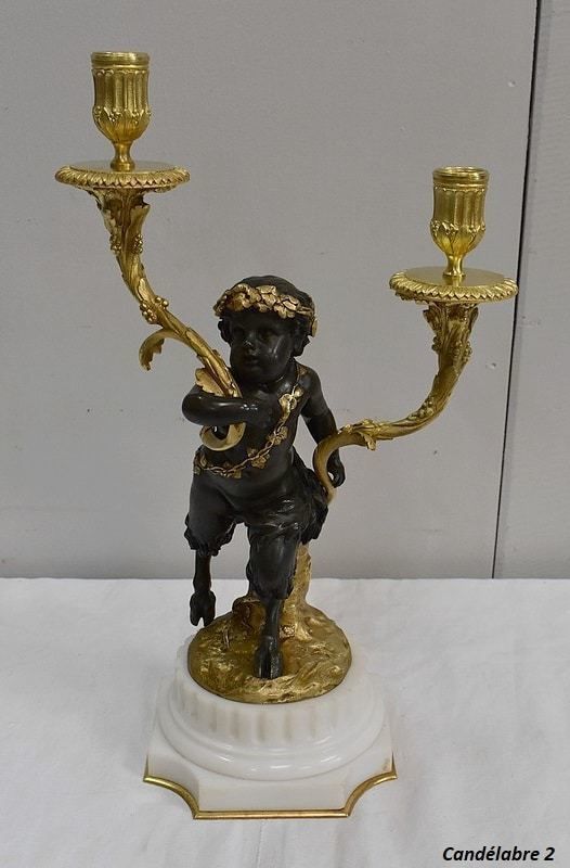 photo vintage Pair Of Bronze Candelabras, "Un Amour Et Un Faune", After Clodion And Delarue , End Of The 19th Century