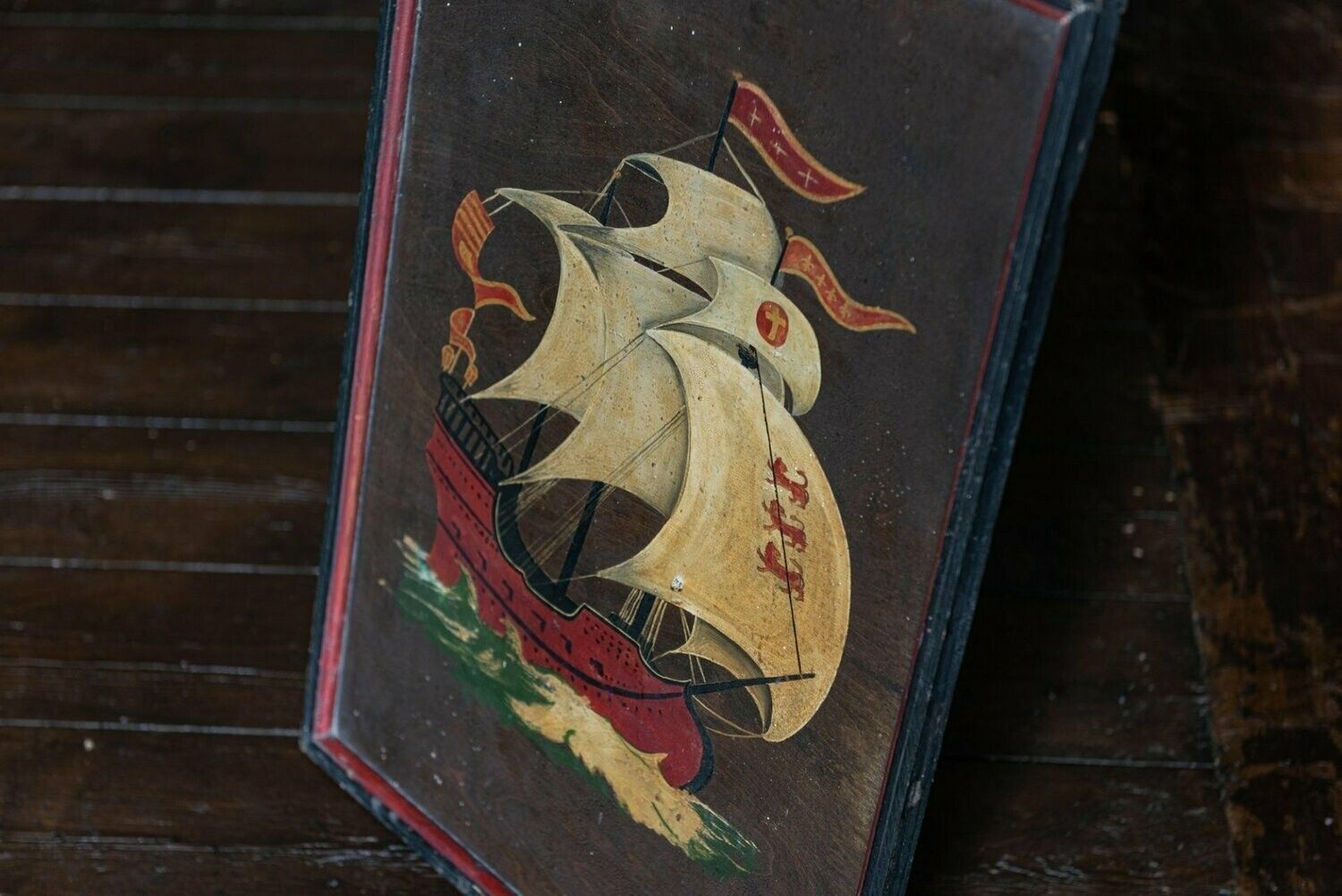Naive Oil On Board English Galleon Ship Painting photo buy