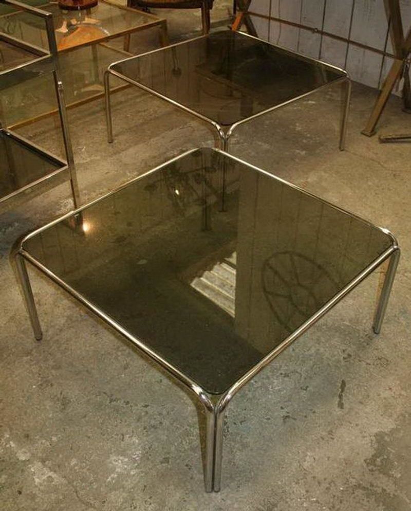 Pair Of Chrome Side Tables With Glass Tops. French. Circa 1970