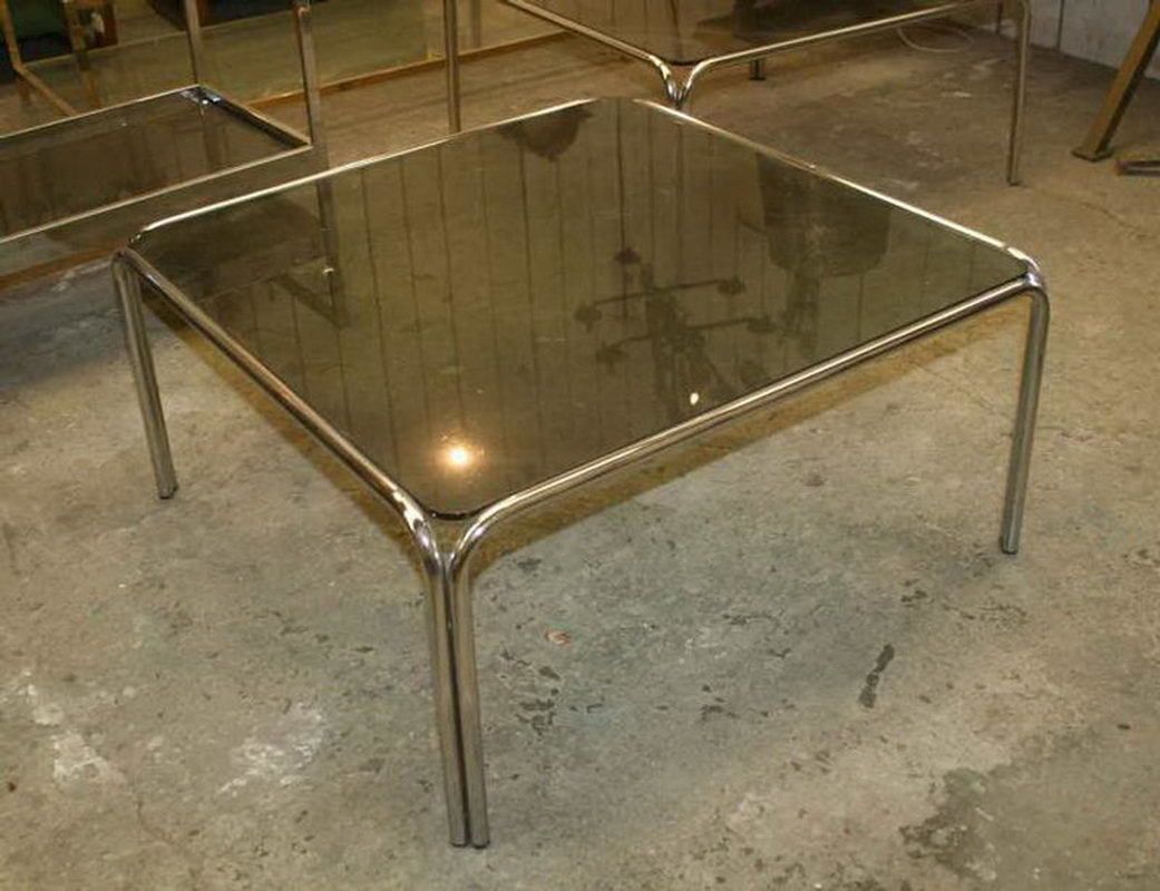 Pair Of Chrome Side Tables With Glass Tops. French. Circa 1970 photo furniture