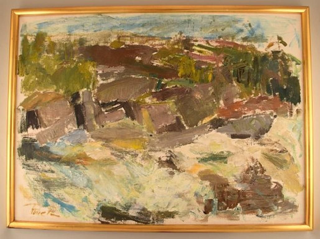 Rune P. Swedish Artist, Oil On Canvas, Modernist Landscape, Mid 20th Century photo furniture