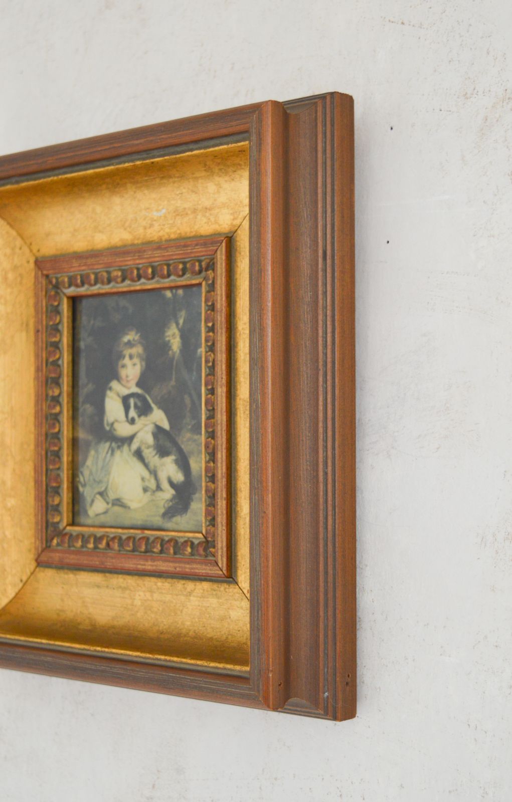 Vintage Print Boxed Framed Little Girl Holding Dog , Ornate Wood Gold Brown Wall Art, Gold Ornate Photo Frame , High Quality Bucklow Frame photo Art