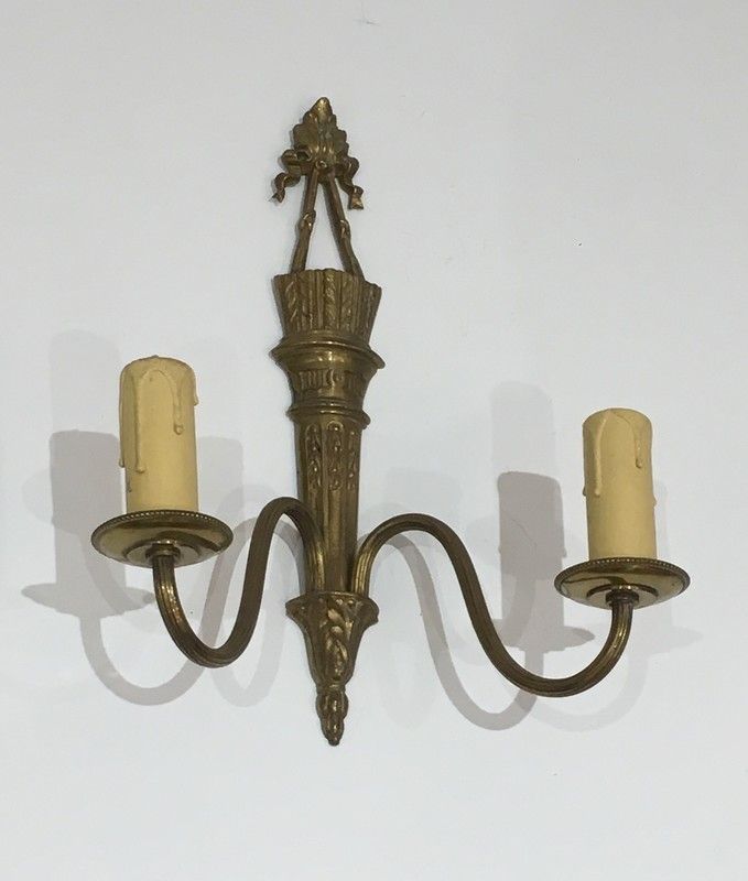 Pair Of Louis XVI Style Wall Lights In Bronze With Quiver And Ribbons. French Work photo Lighting