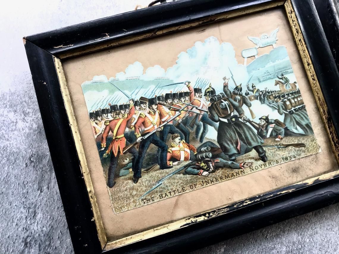 Pair Of Antique Victorian Balaclava Inkermann 1854 War Embossed Die Cut Davidson Brothers Chromolithographs photo for sale