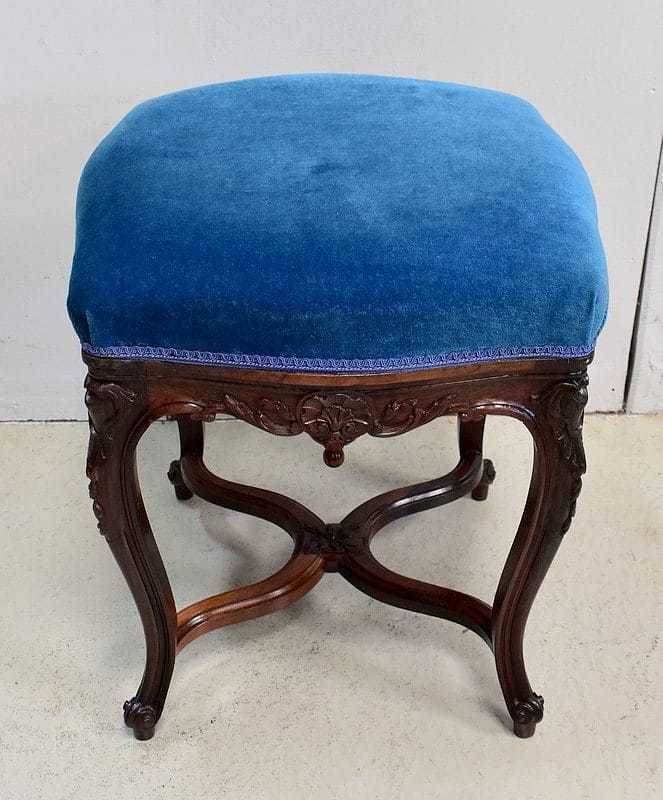 Stool In Blue Velvet And Rosewood, Modular Height, Louis XV Style, Napoleon III Period  19th Century photo furniture