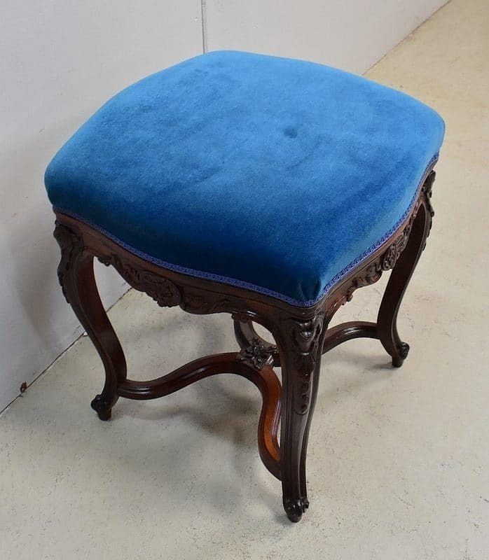 Stool In Blue Velvet And Rosewood, Modular Height, Louis XV Style, Napoleon III Period  19th Century photo for sale