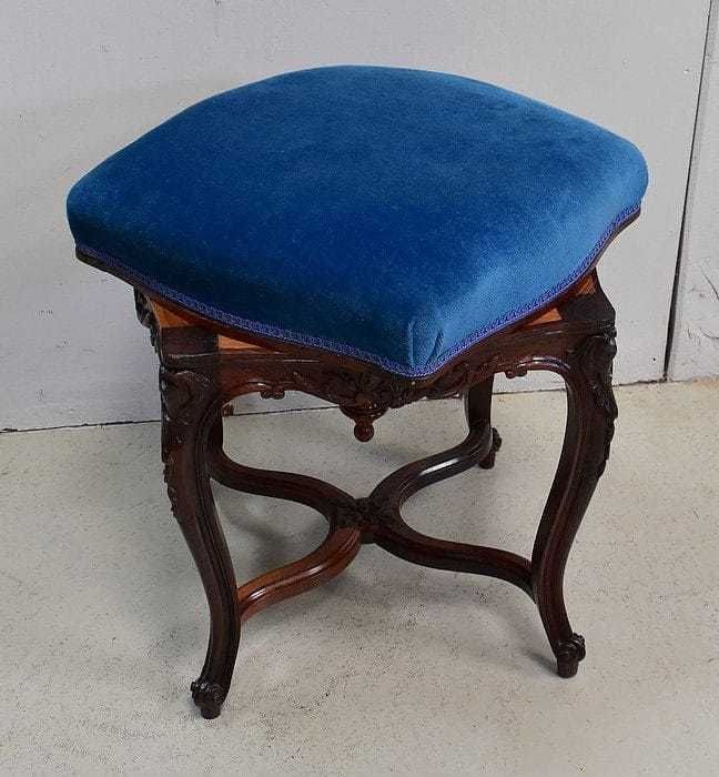 Stool In Blue Velvet And Rosewood, Modular Height, Louis XV Style, Napoleon III Period  19th Century photo 1882.84