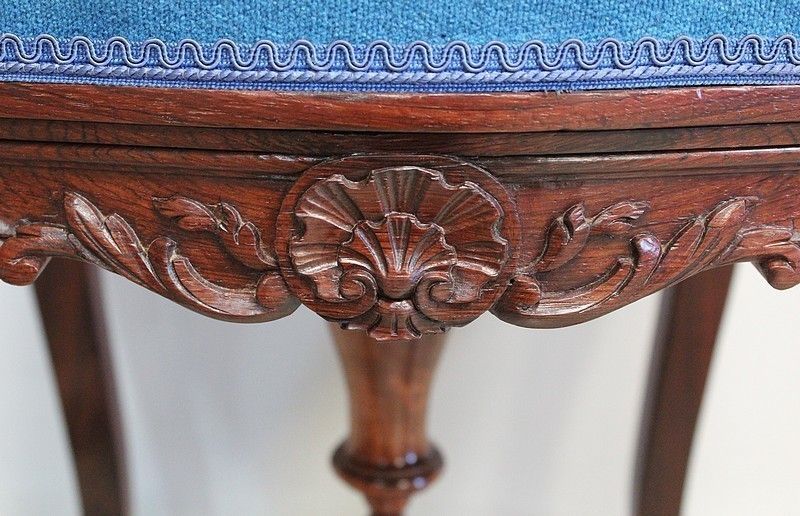 Furniture Stool In Blue Velvet And Rosewood, Modular Height, Louis XV Style, Napoleon III Period  19th Century photo