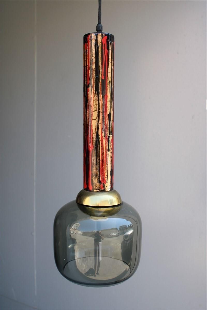 Midcentury Italian Chandelier Enamel Glass Laurana Art 1950s Gold Black Red photo furniture