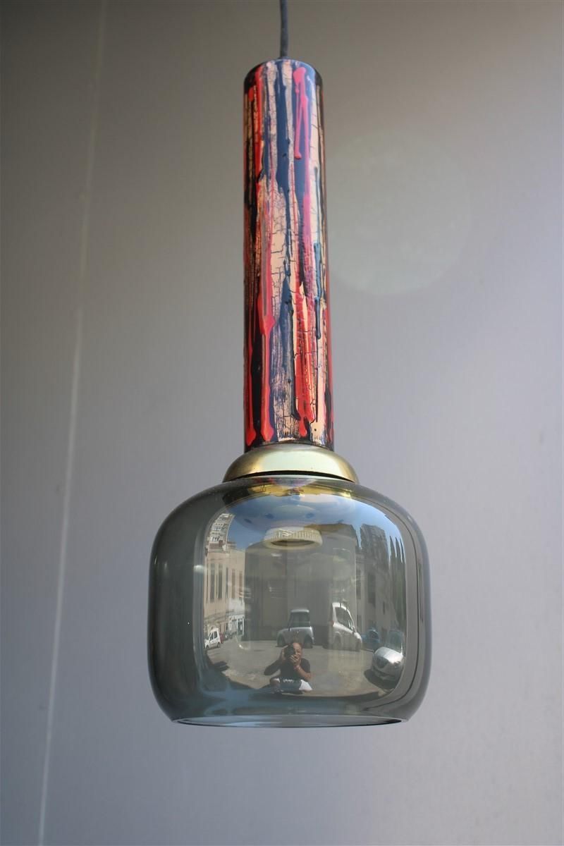 Midcentury Italian Chandelier Enamel Glass Laurana Art 1950s Gold Black Red photo Lighting