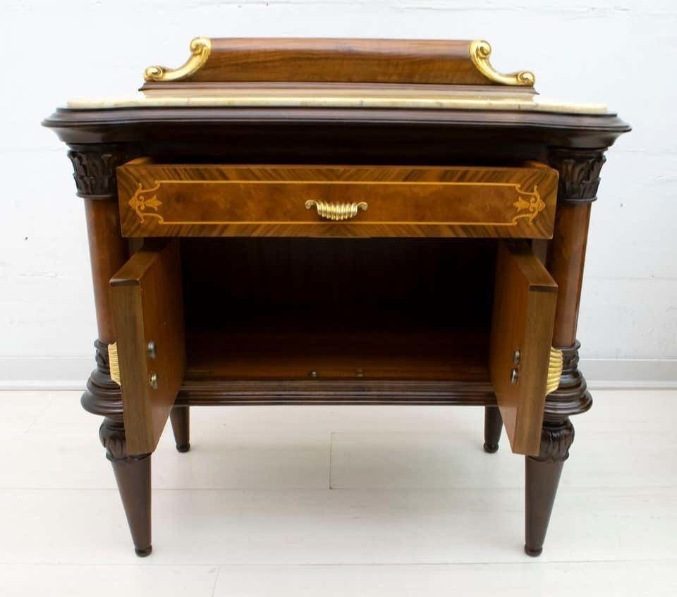 photo furniture Pair Of Mid Century Italian Walnut And Cream Valencia Marble Nightstands, 1940s