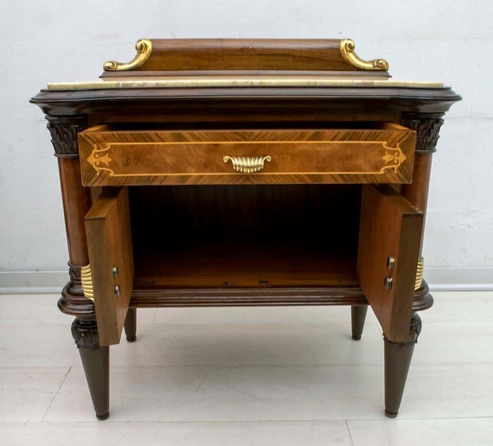 Furniture Pair Of Mid Century Italian Walnut And Cream Valencia Marble Nightstands, 1940s photo