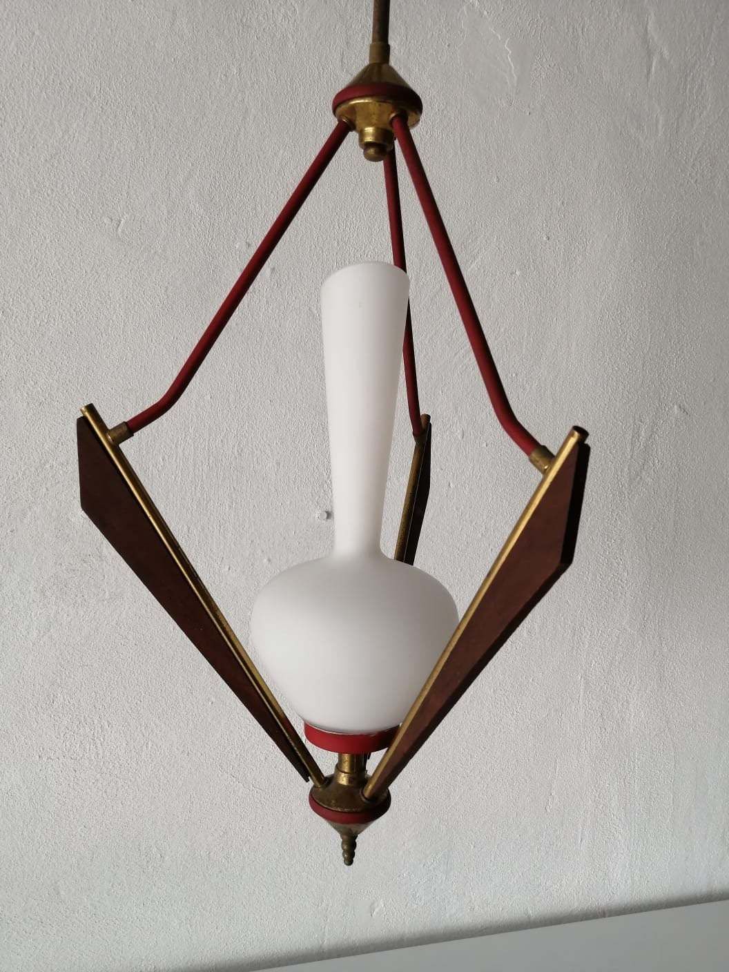 Gorgeous Italian Design Opal Glass   Wooden & Brass Chandelier   1950s Italy photo vinterior