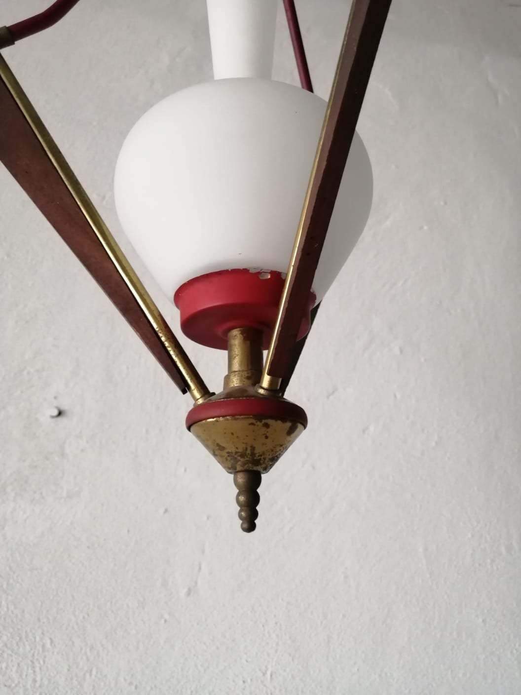 photo furniture Gorgeous Italian Design Opal Glass   Wooden & Brass Chandelier   1950s Italy