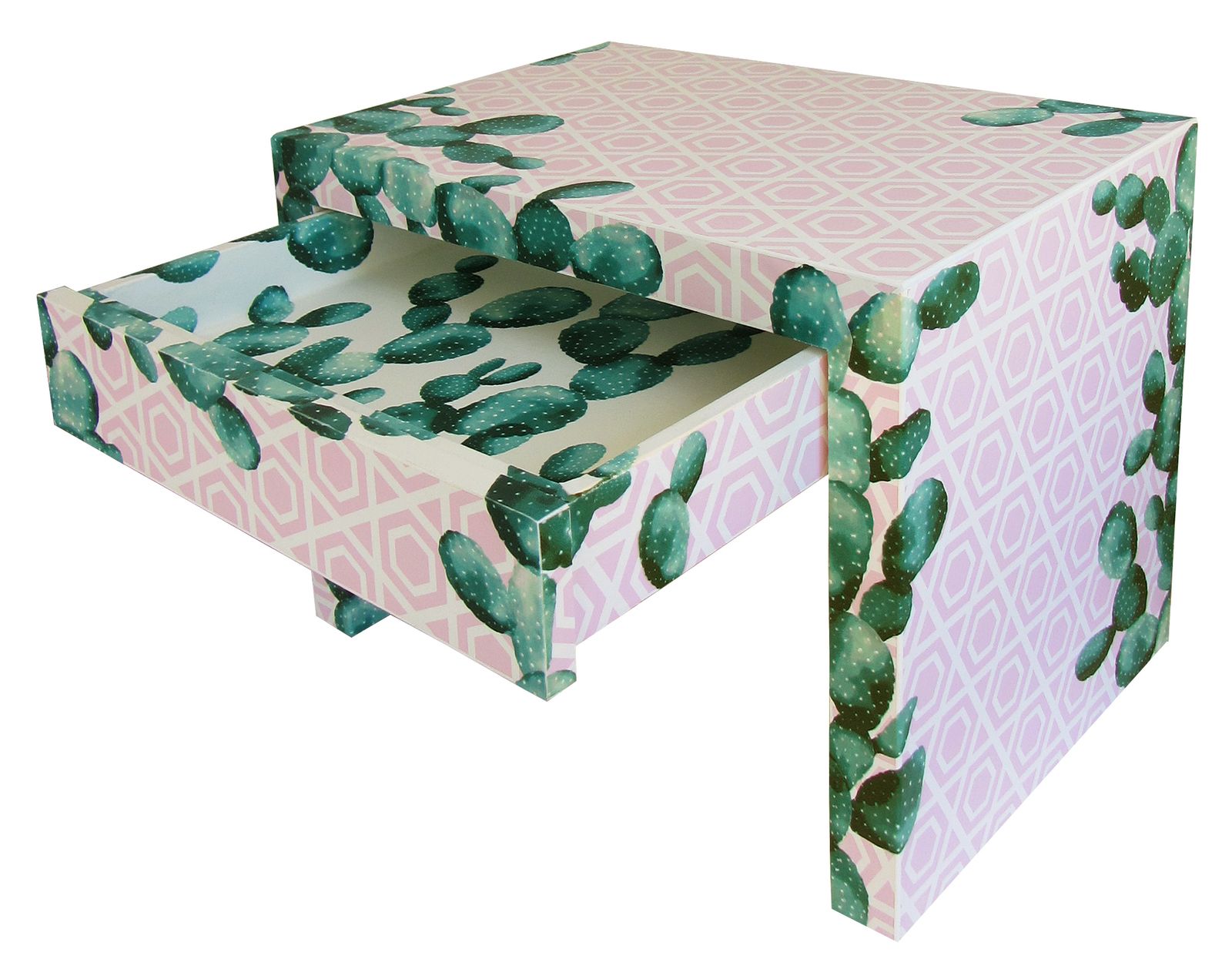 "Cactus Captured" Restyled Bedside Table By Habitat Improver With Recycled Wallpaper And Fabric Découpage photo furniture