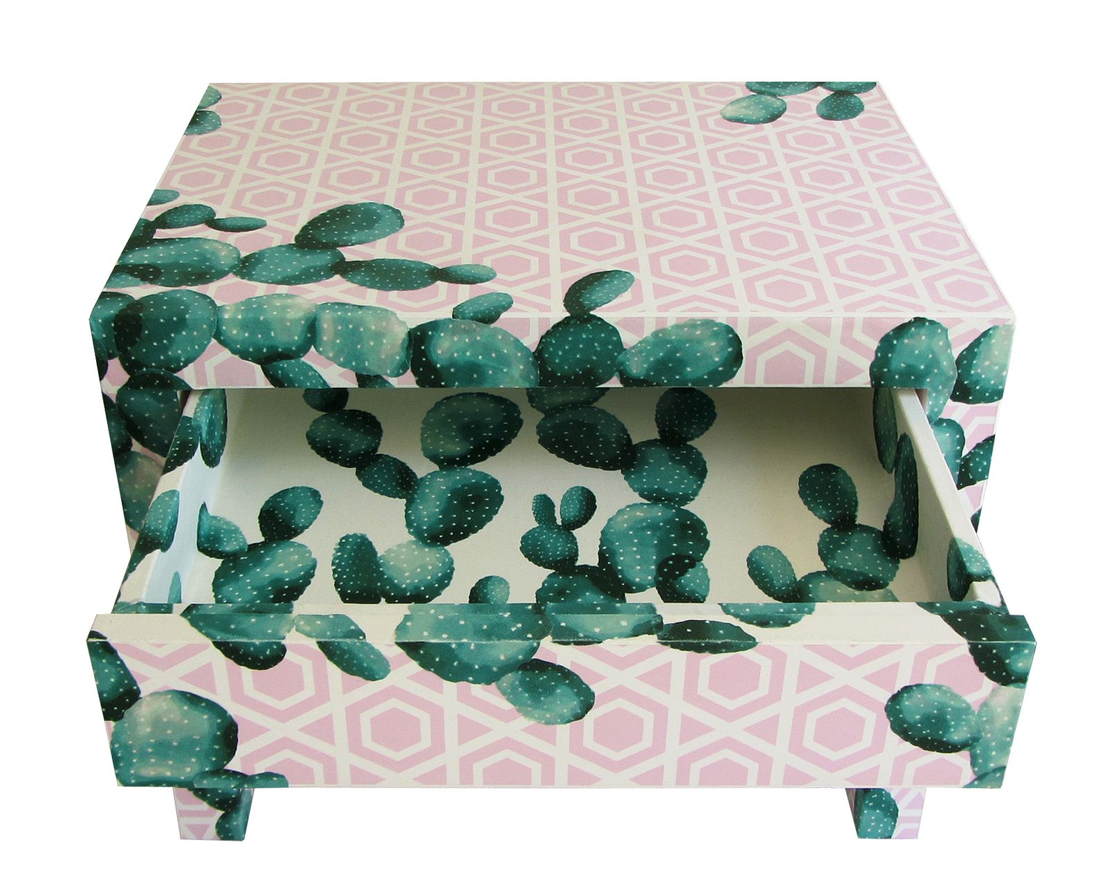 "Cactus Captured" Restyled Bedside Table By Habitat Improver With Recycled Wallpaper And Fabric Découpage photo Furniture