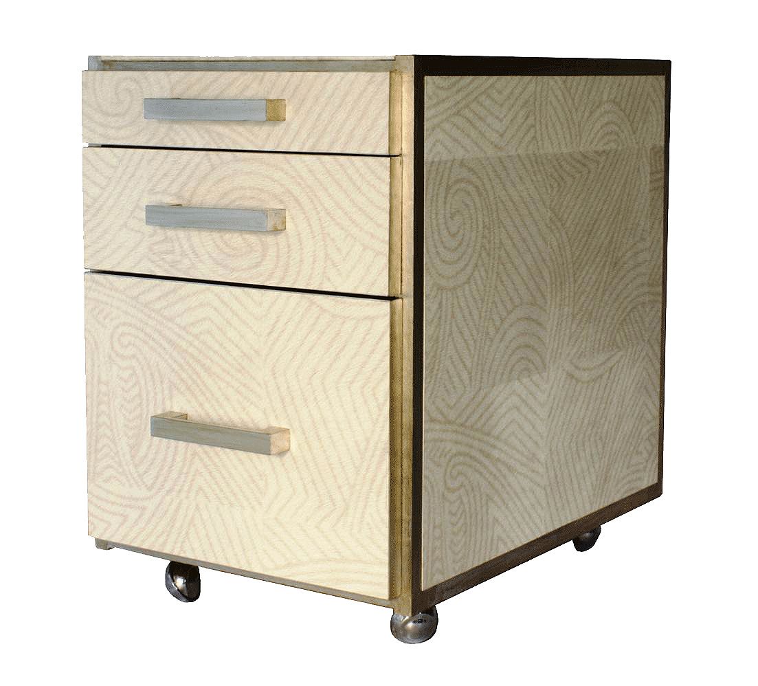"Safari Trip" Restyled Three Drawer Unit By Habitat Improver With Textured Vynil Wallpaper And Aged Silver Leaf photo furniture